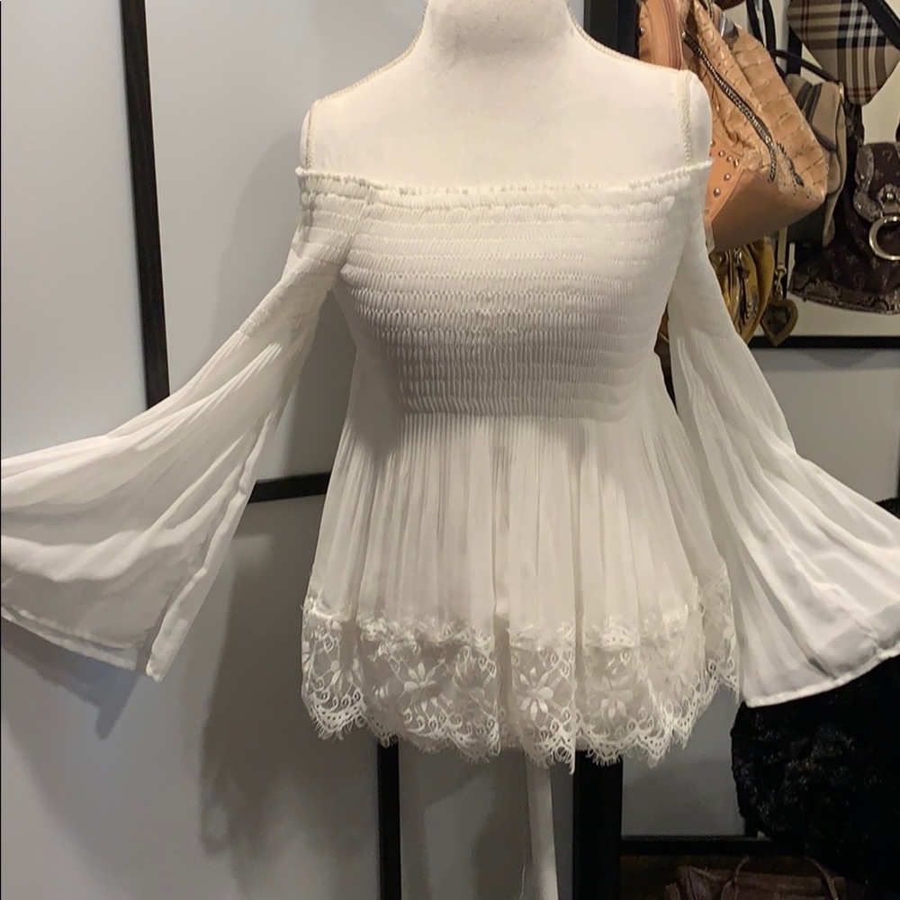Charlotte Russe White Off-the-Shoulder Lace Trim Long Sleeve Top - NWT - Size S